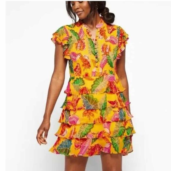FARM RIO Beaks & Bananas Ruffle Flowy Casual Summer Mini Dress Small - Picture 7 of 13